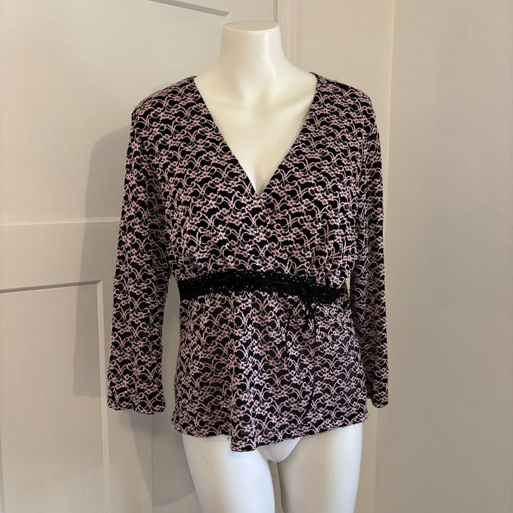 Y2K Fashion Bug size XL Pink and Black Lace Faux Wrap Velvet Detail V Neck Top